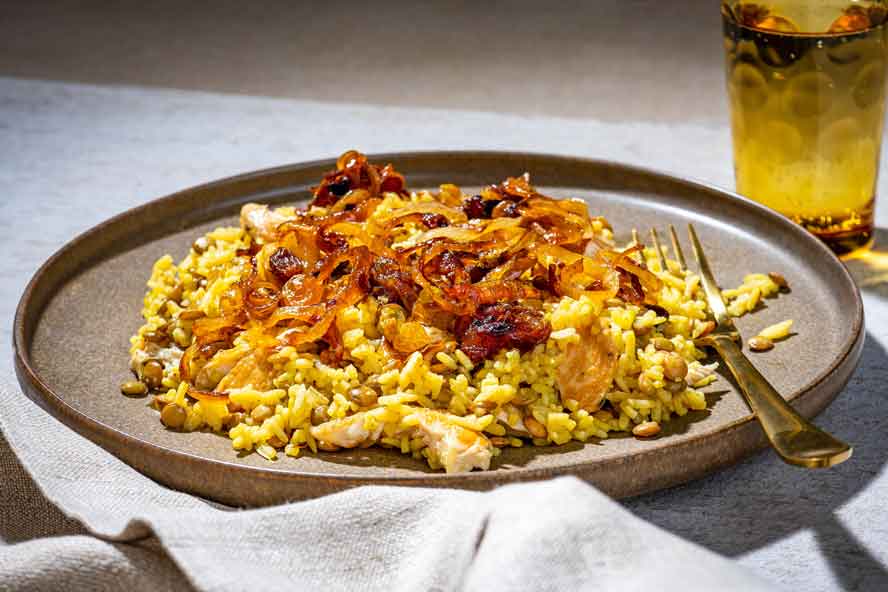 Fragrant saffron and sweet onions make this Persian-style chicken  and rice a feast for the senses
	