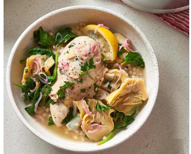 Conjure up this image: Layer slices of chicken over chewy pearl couscous, surrounded with wilted spinach and succulent artichokes under light, lemony broth --- convienently, easily cooked in a crock pot. DO IT! 
 
  