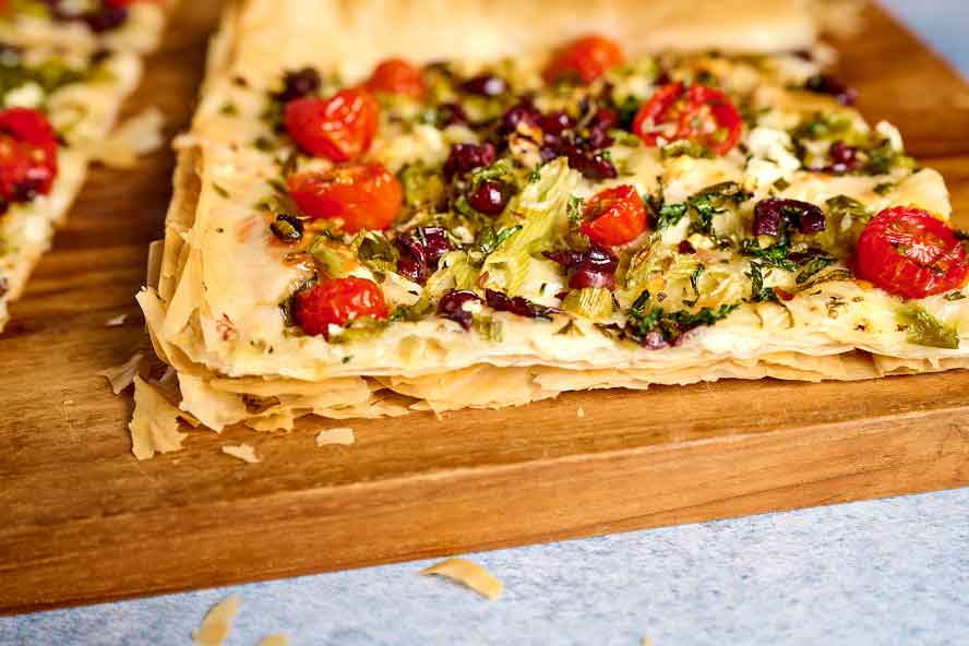 Super-crisp and light Veggie Phyllo 'Pizza' is an  off-the-cuff, quickly-created delight
	
	