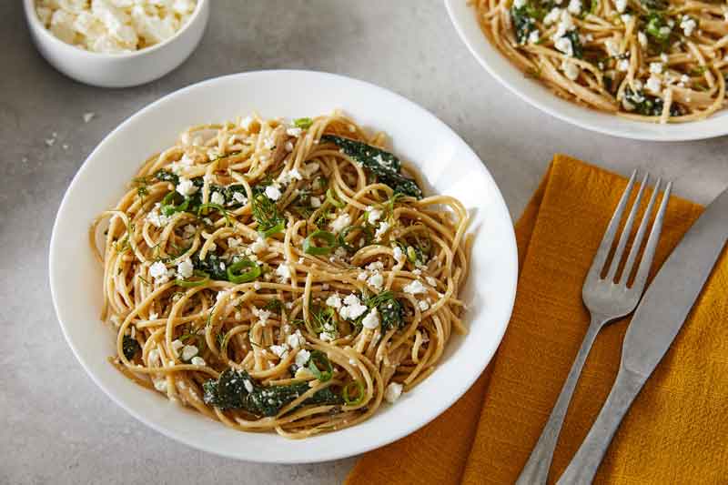 Fans of the popular Greek pie, spanakopita, will relish this spaghetti with spinach, feta and dill
	