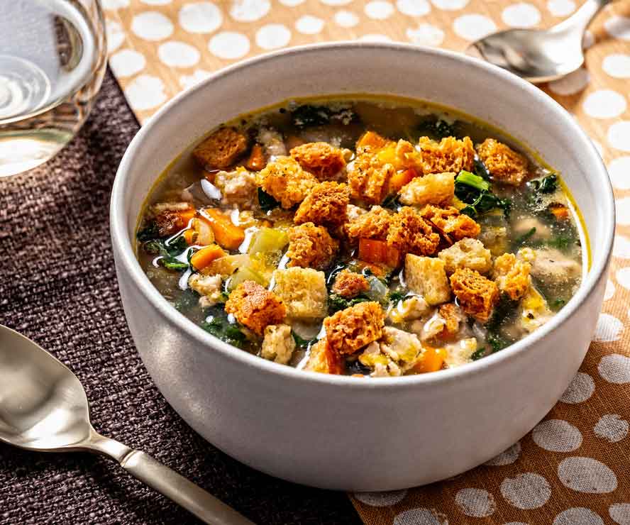 Thanksgiving Soup is redolent of the sage-scented turkey, sweet squash, stewed vegetables and buttery stuffing; a filling symphony of comforting flavors
	
	