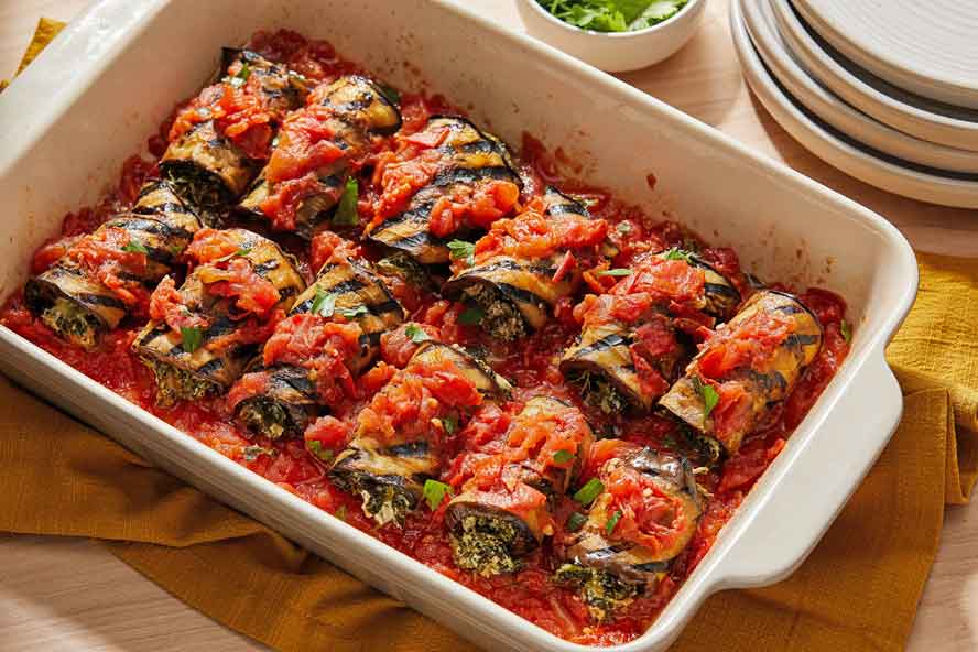 Straddling both summer & Fall, these eggplant rolls-ups feature fresh, healthful comfort --- and delish dining
	