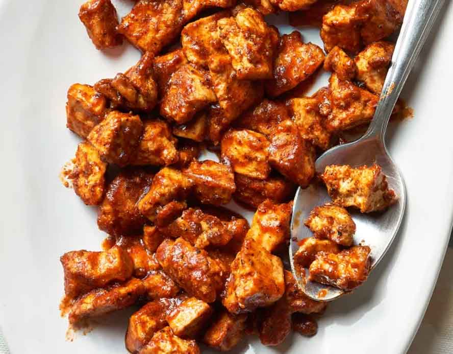 3-STEPS, MIND-BLOWING: Sheet pan BBQ tofu cooks up with crispy, jagged edges, and a crunchy coating with bold, smoky flavors, before it's tossed with a sticky blanket of sauce
 
  
  