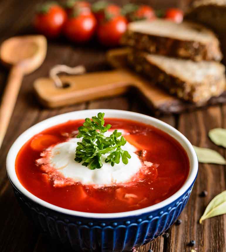 Ukrainian borscht is delicious comfort in a bowl. Don't just enjoy it for the cause! 
	