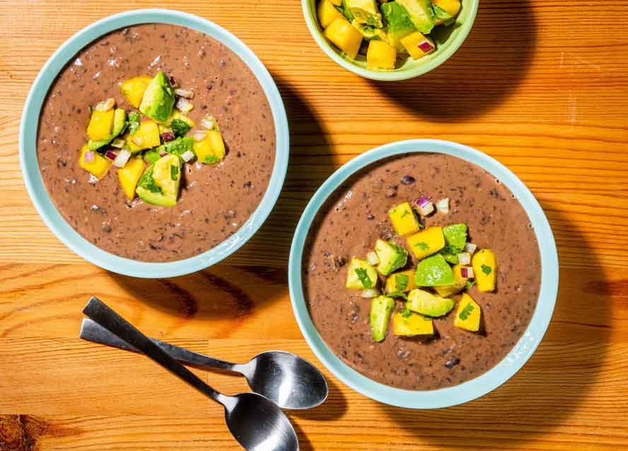 Coconut black bean soup with mango-avocado salsa is creamy, bright  --- and satisfying
	