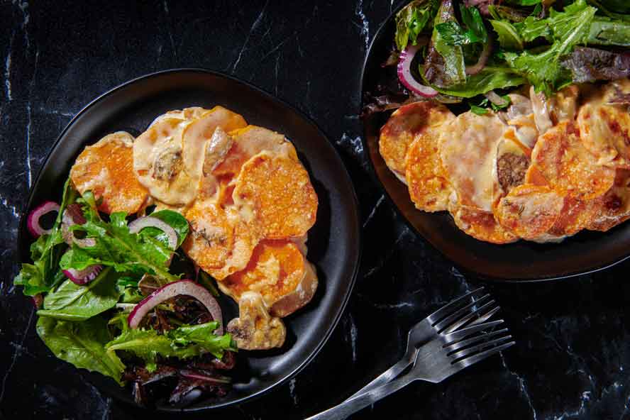 This sweet potato gratin with mushrooms is an easy indulgence

