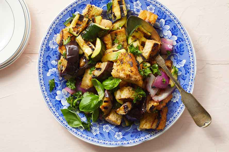 Heat up the grill for a hearty summer panzanella
 and then top it with a marinated, herby dressing for delish dining
	
	