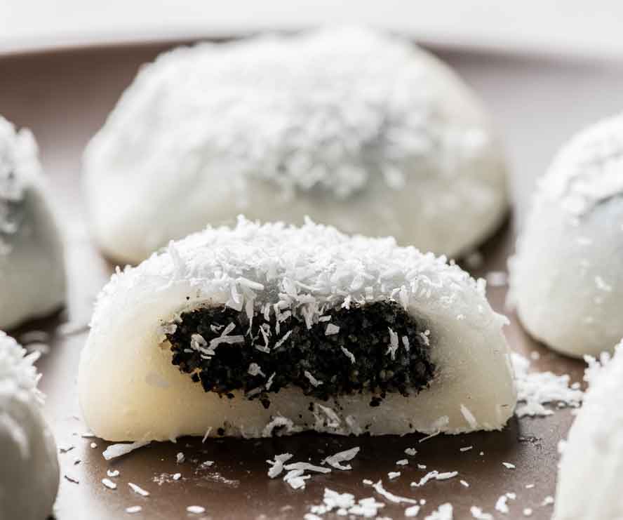 Chewy, sticky black sesame and coconut mochi are a joy to make and a treat to eat
	
